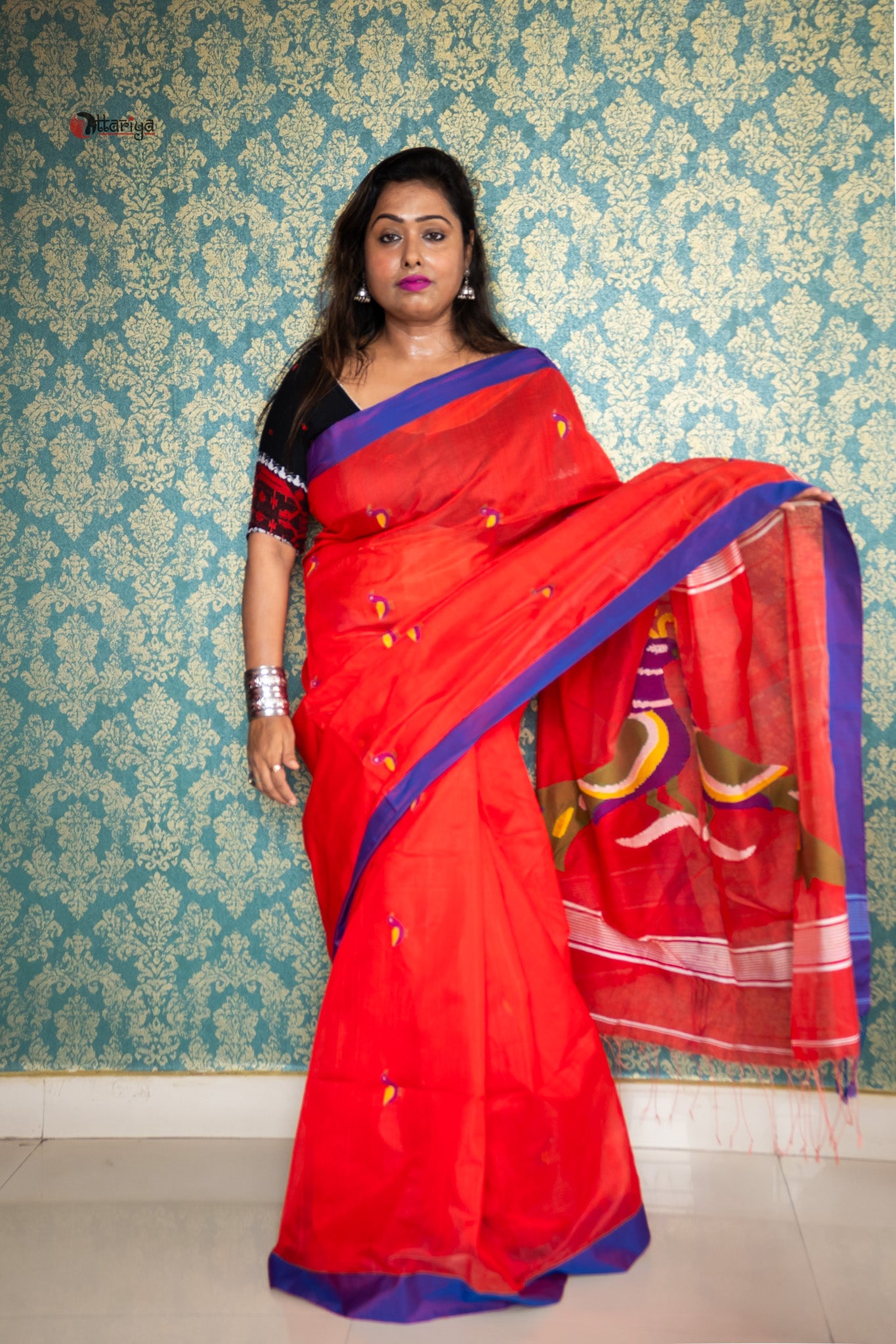 Rose bird Jamdani saree