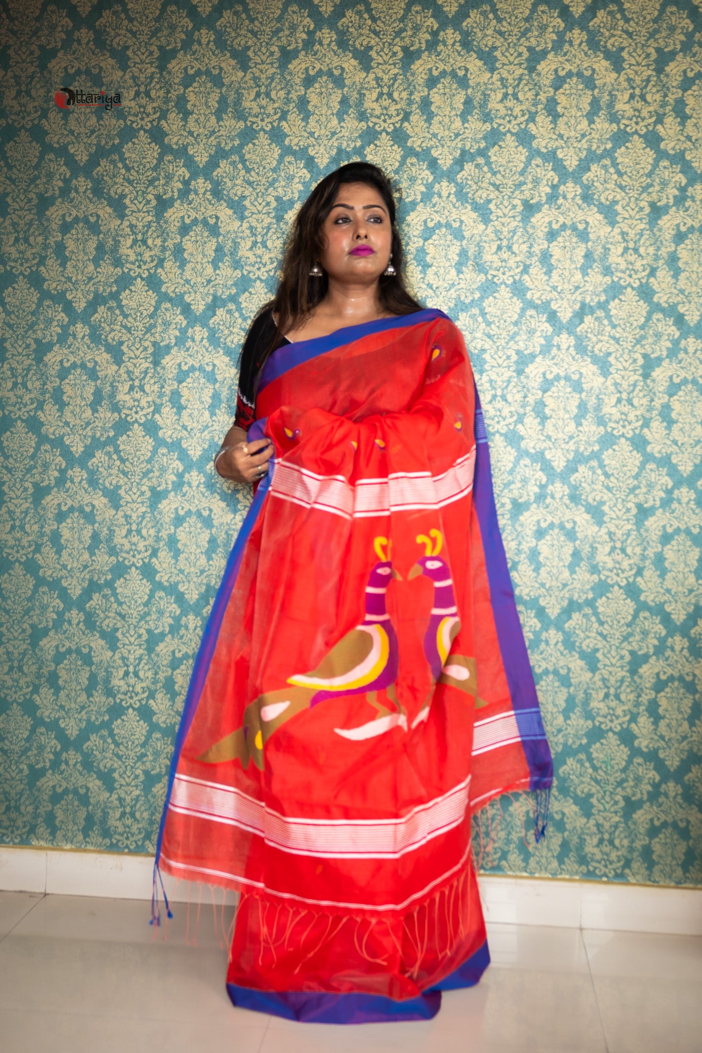 Rose bird Jamdani saree