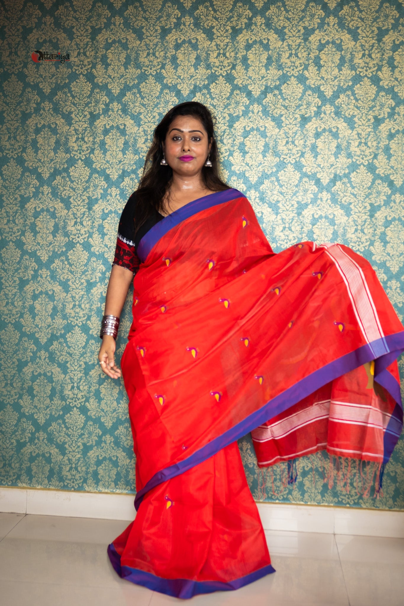 Rose bird Jamdani saree