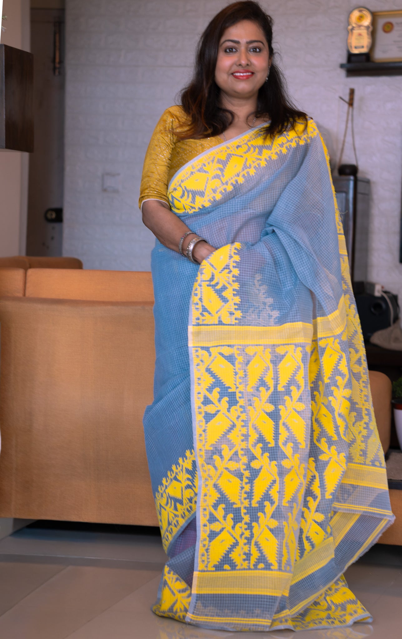 Gray Kota Dhakai Jamdani Saree - Uttariya