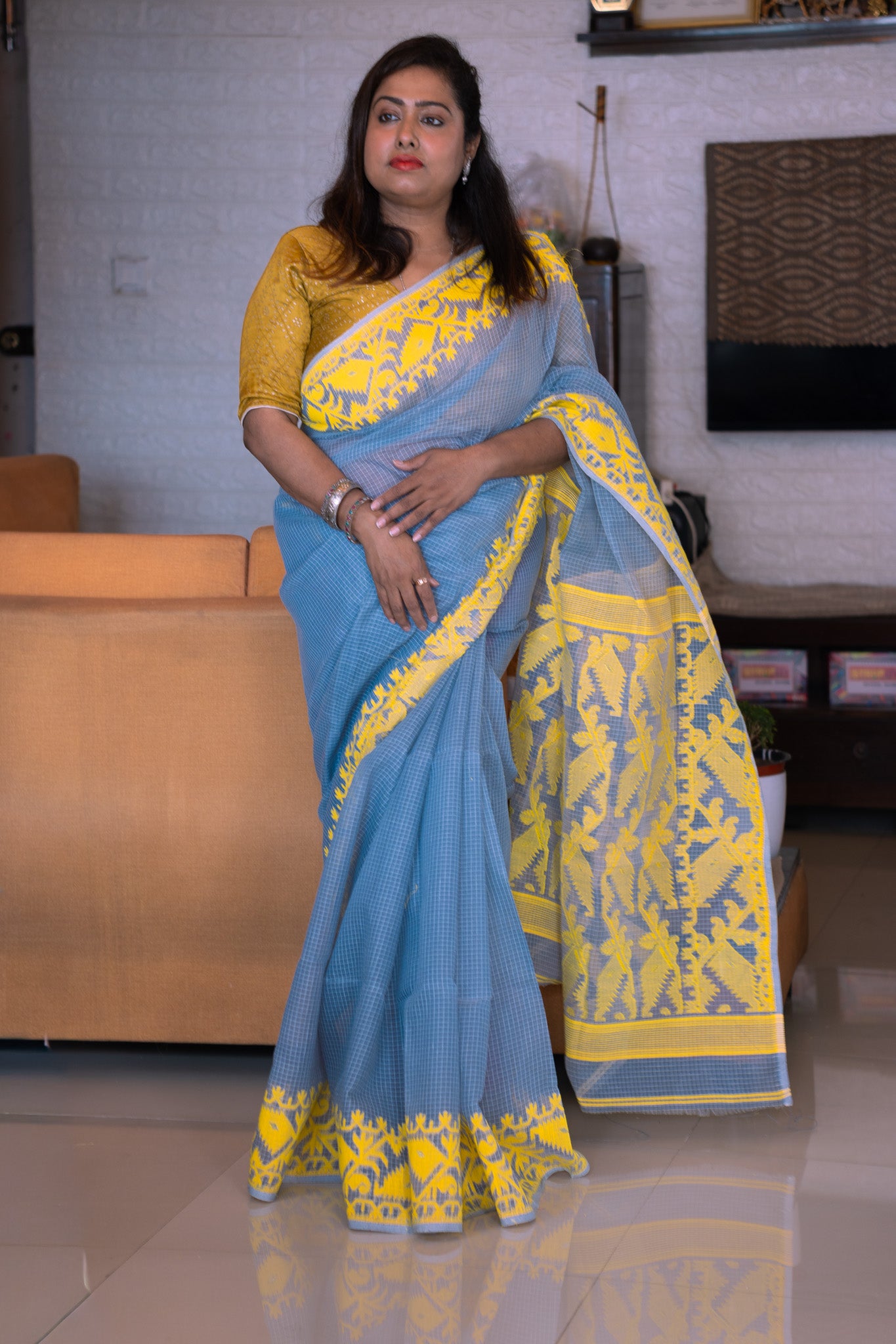 Gray Kota Dhakai Jamdani Saree - Uttariya