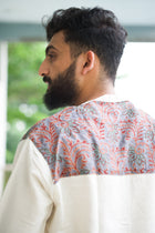 Men's Ecru Cotton-Silk Kurta with Grey Kantha Embroidered Yoke