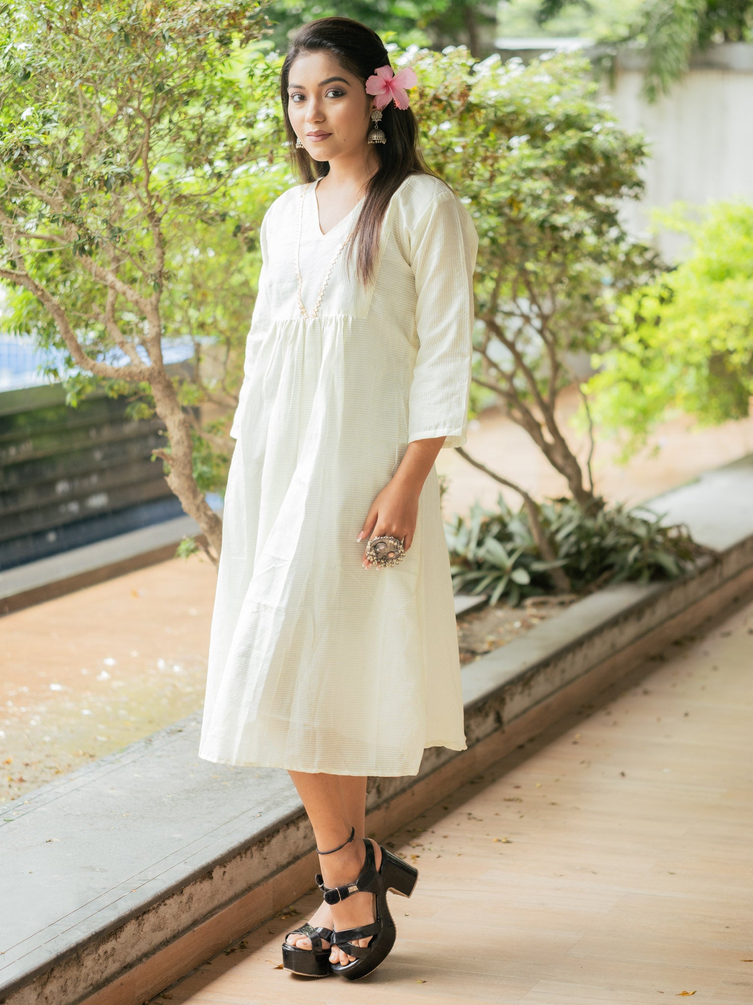 Elegant Off-White Cotton Midi Dress with Minimal Detailing