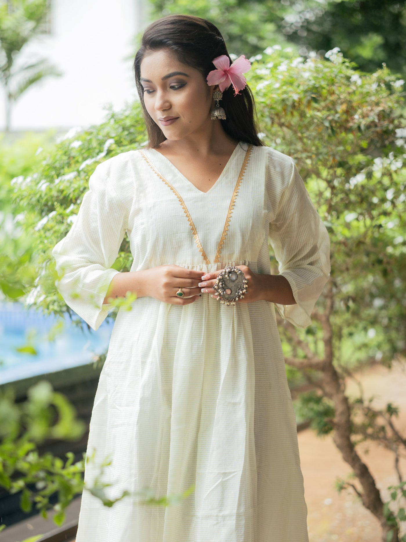 Elegant Off-White Cotton Midi Dress with Minimal Detailing