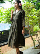 Classic Black & Gold Striped Cotton Midi Dress with Elegant Detailing