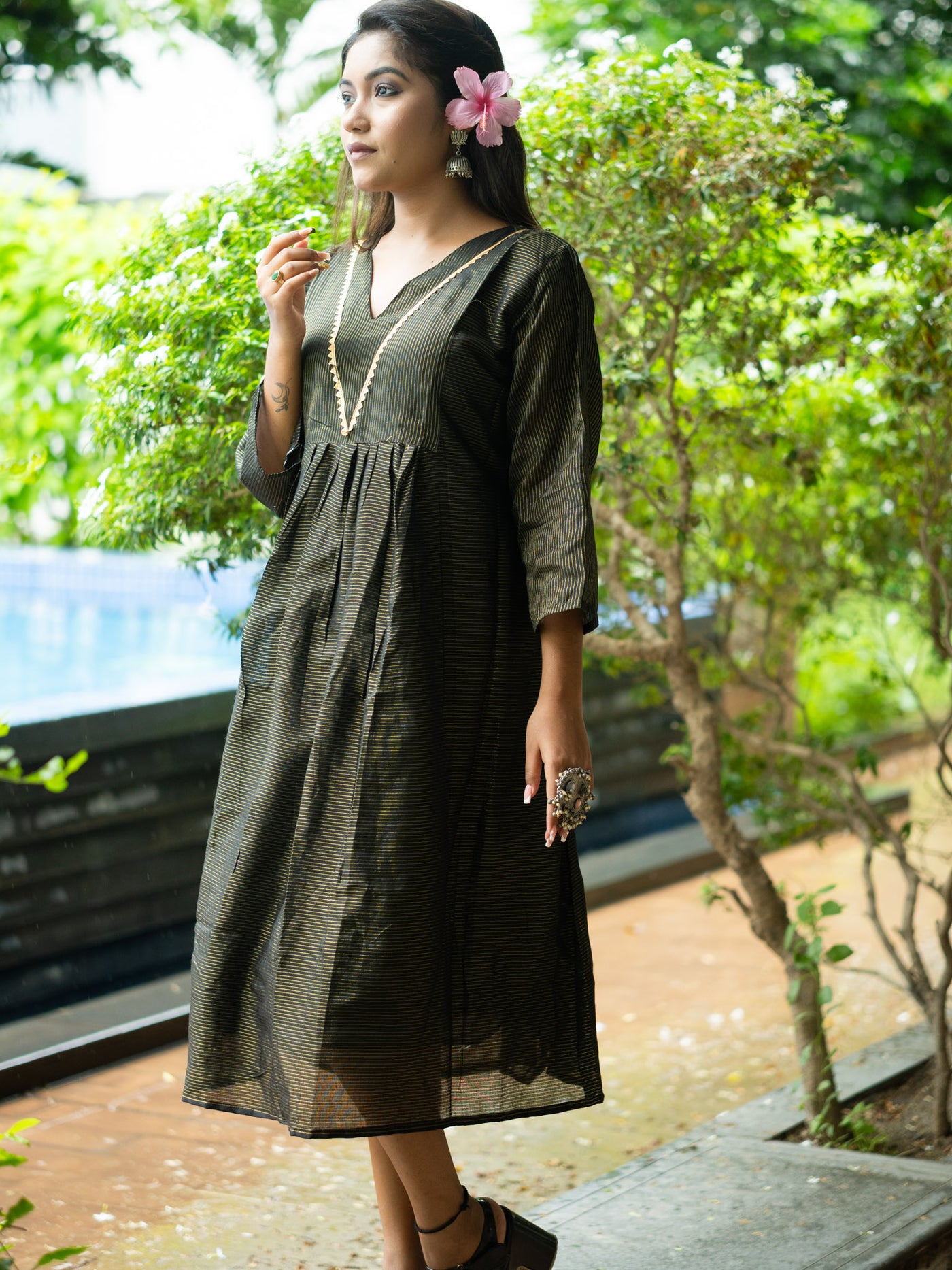 Classic Black & Gold Striped Cotton Midi Dress with Elegant Detailing