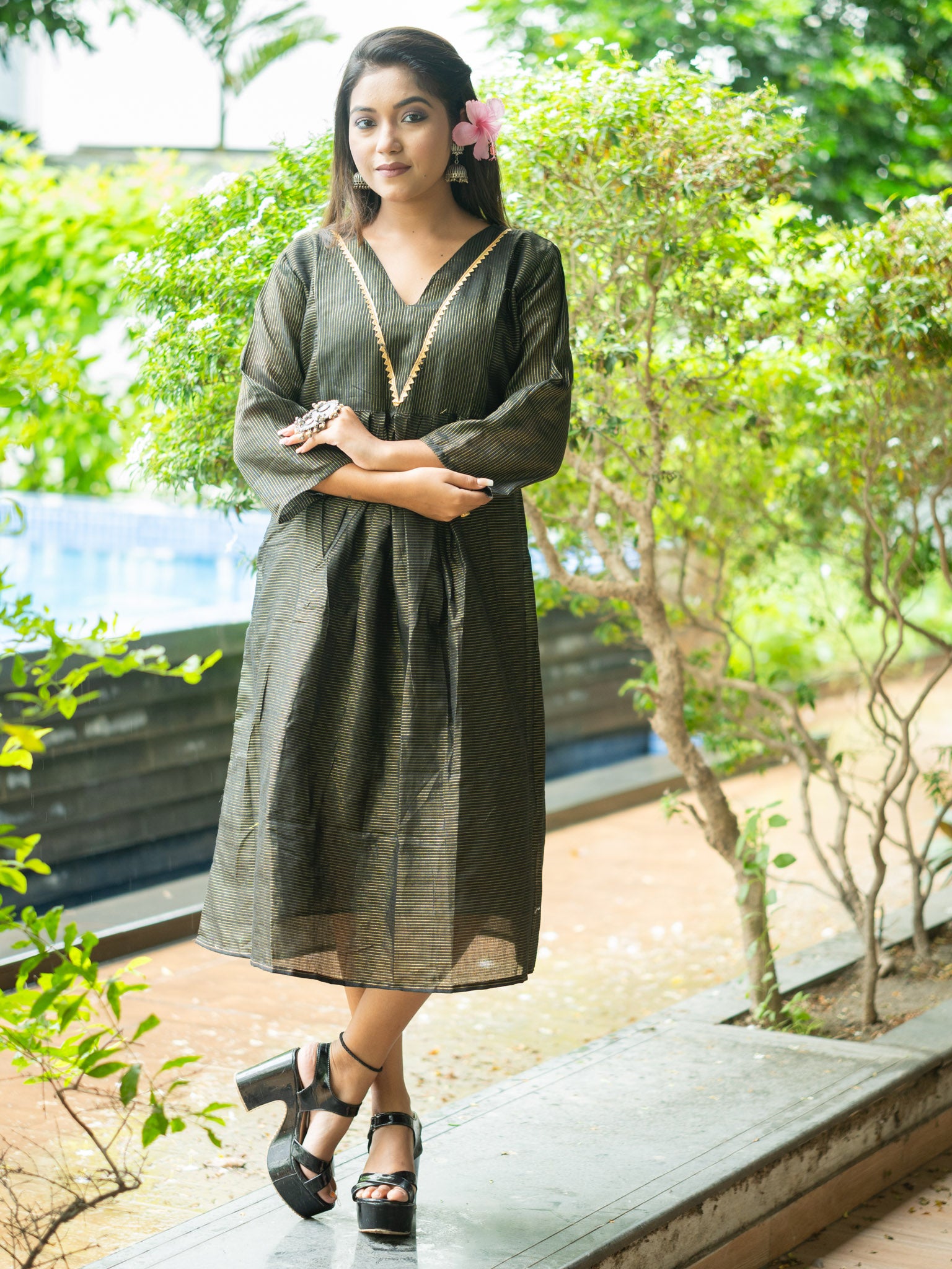 Classic Black & Gold Striped Cotton Midi Dress with Elegant Detailing