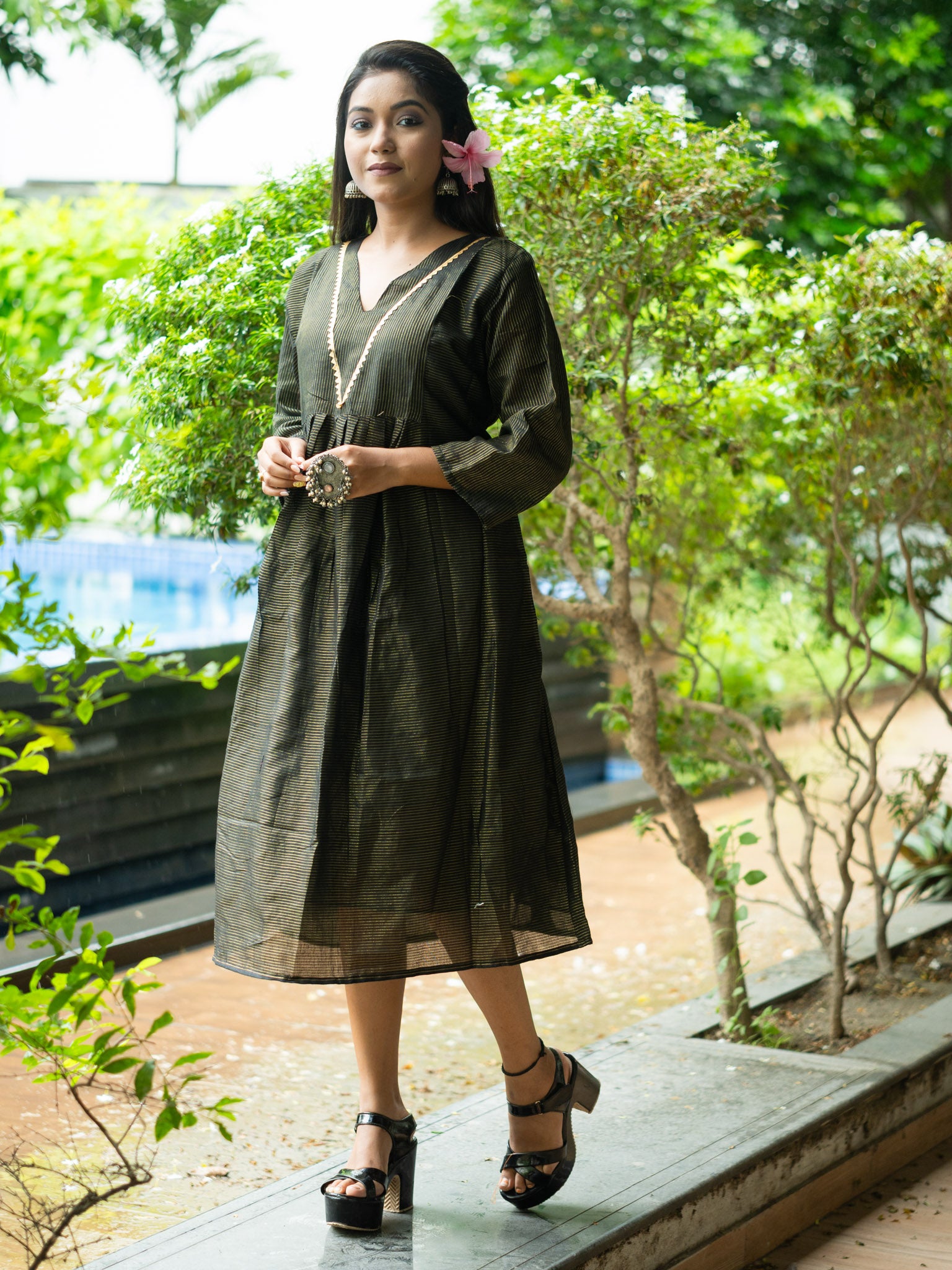 Classic Black & Gold Striped Cotton Midi Dress with Elegant Detailing