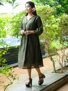 Classic Black & Gold Striped Cotton Midi Dress with Elegant Detailing