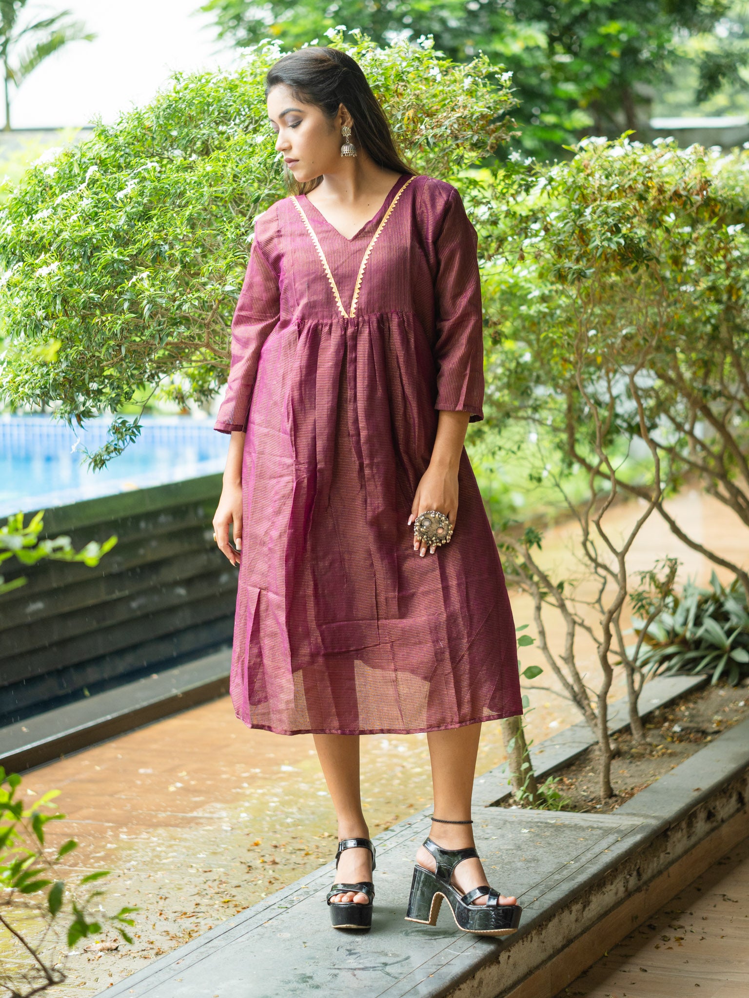 Purple  Cotton Midi Dress with Minimal Detailing