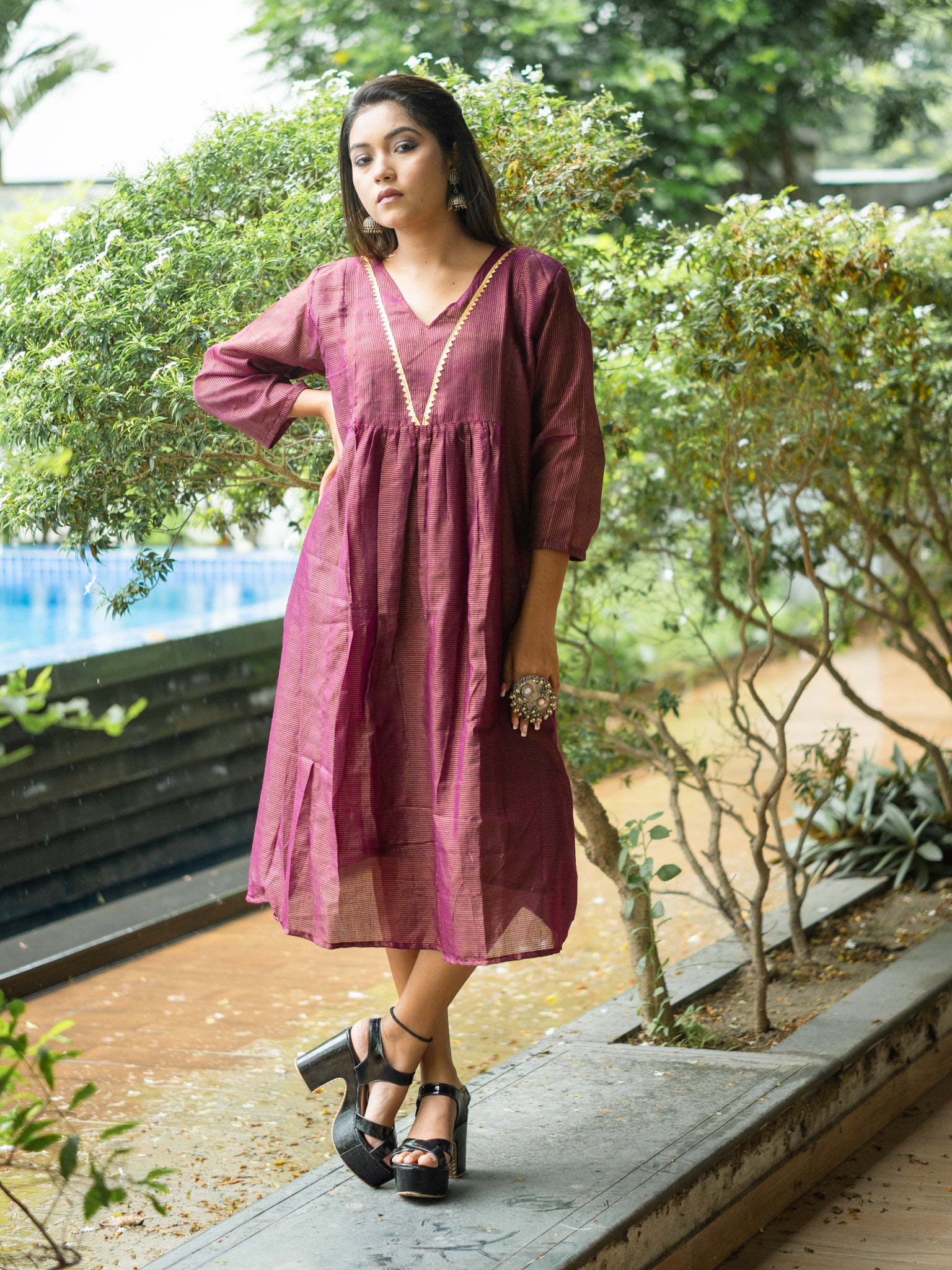 Purple  Cotton Midi Dress with Minimal Detailing