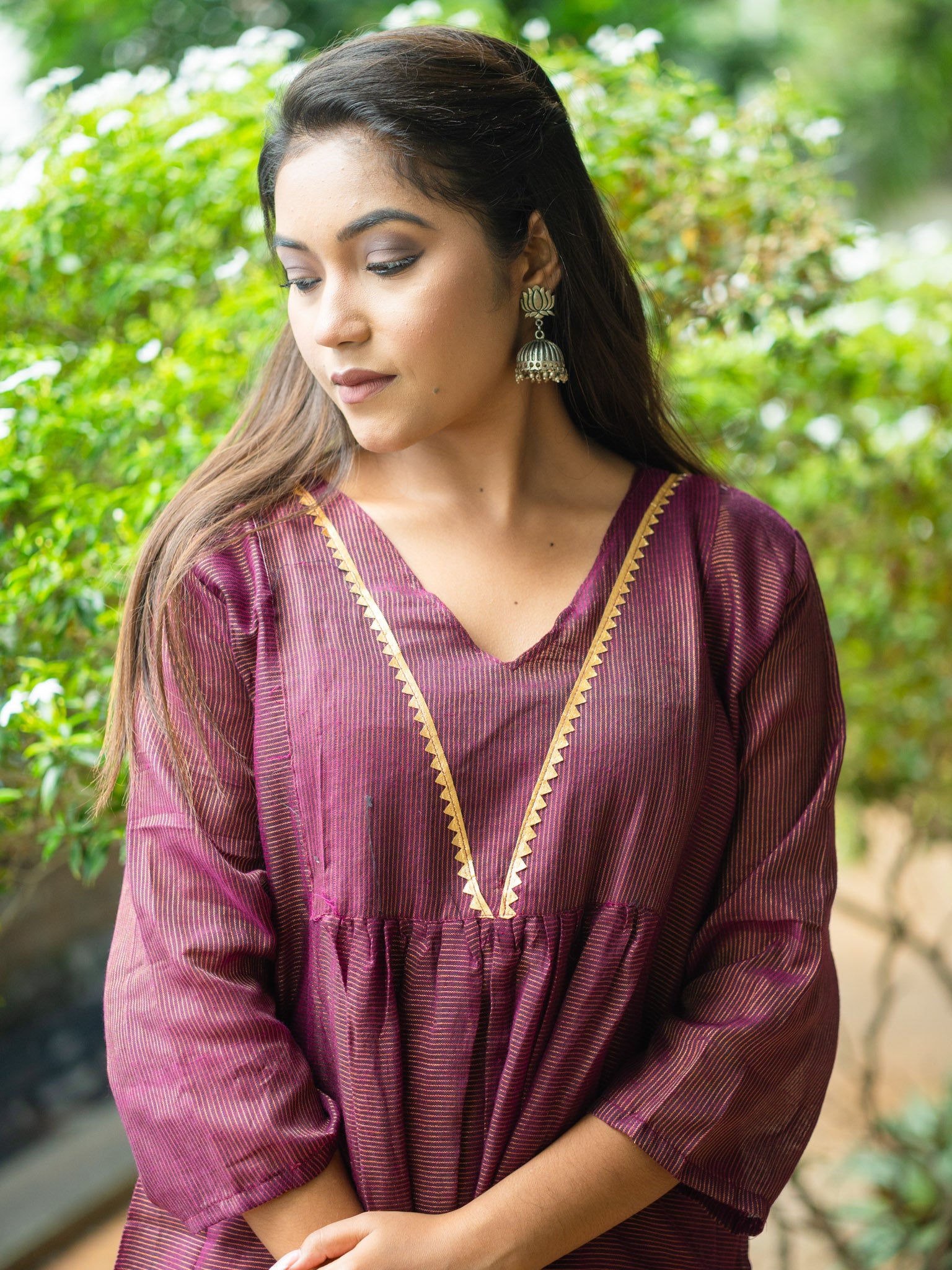 Purple  Cotton Midi Dress with Minimal Detailing