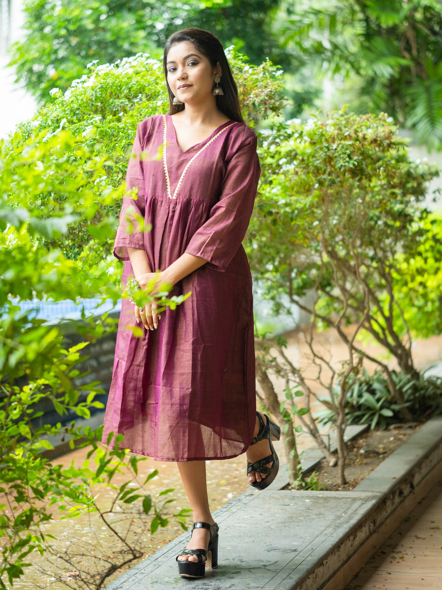 Purple  Cotton Midi Dress with Minimal Detailing