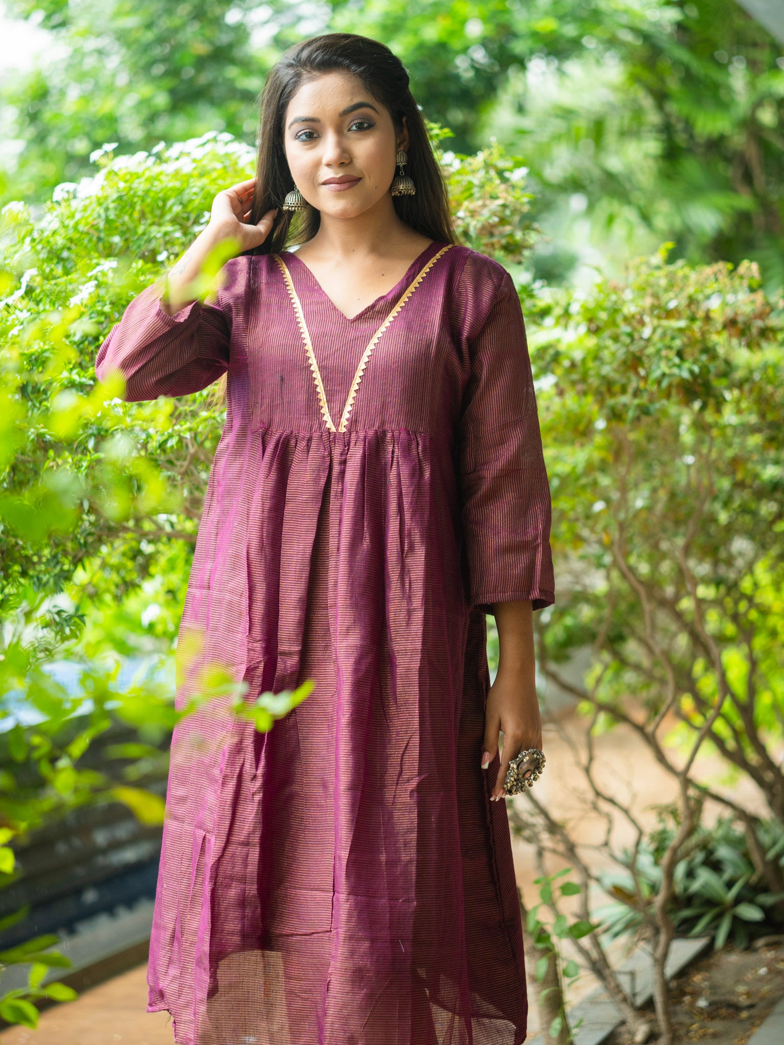 Purple  Cotton Midi Dress with Minimal Detailing