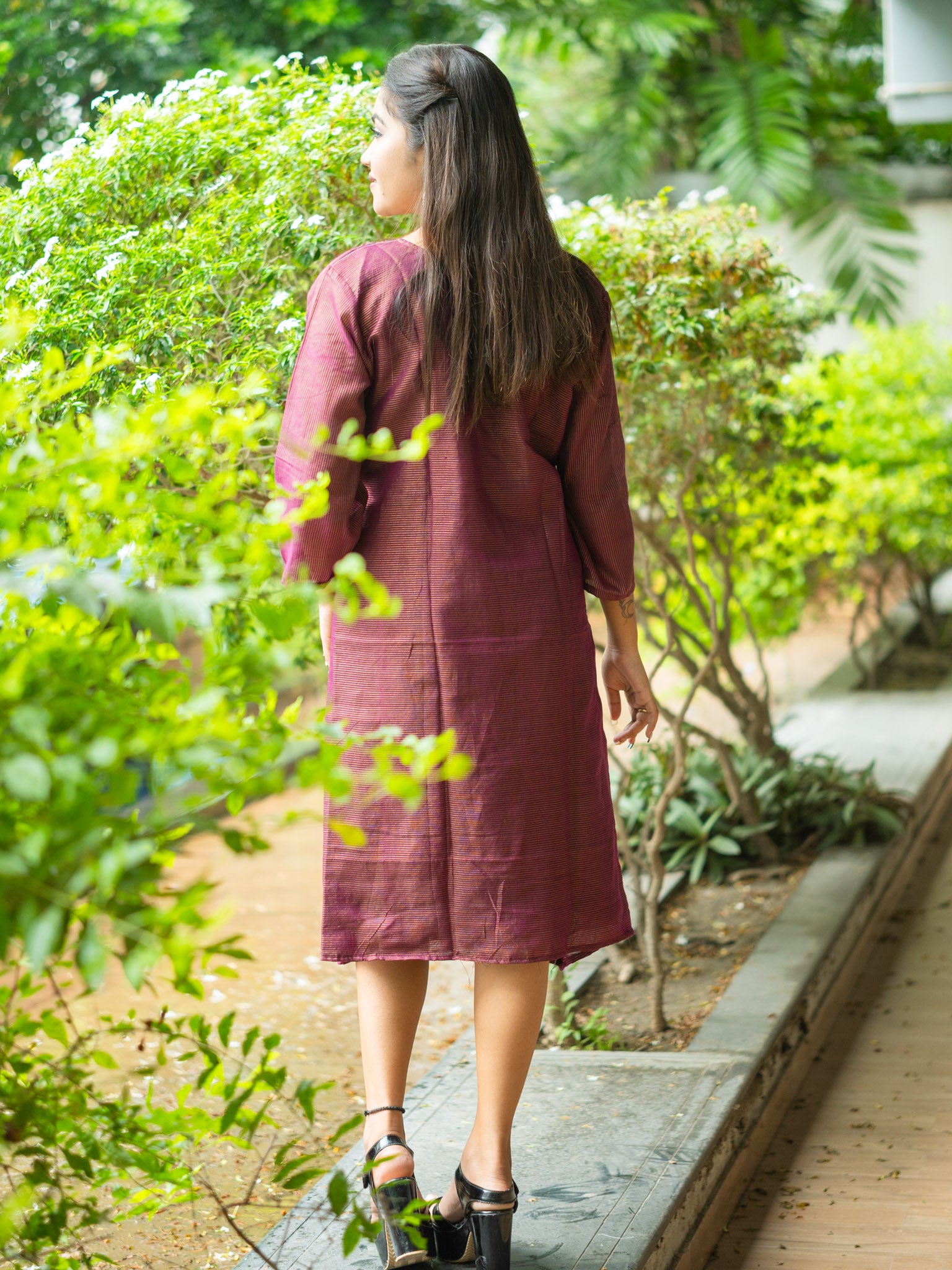 Purple  Cotton Midi Dress with Minimal Detailing