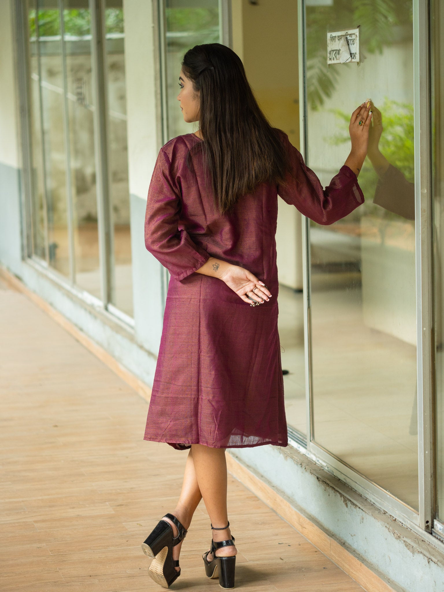 Purple  Cotton Midi Dress with Minimal Detailing