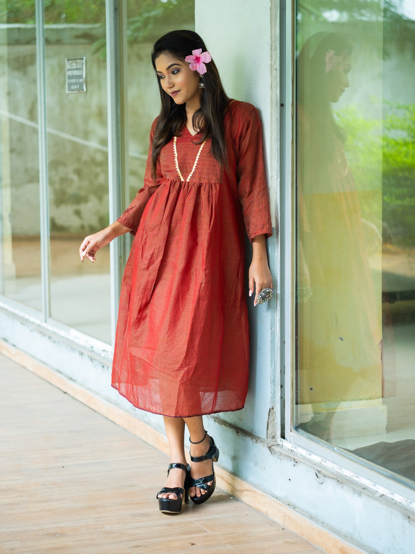 Elegant Chocolate Cotton Midi Dress with Minimal Detailing