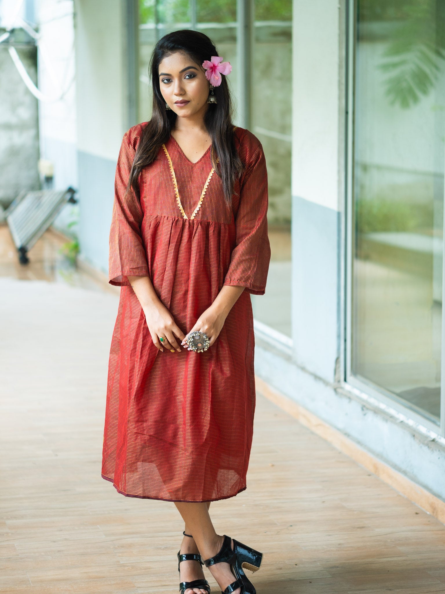 Elegant Chocolate Cotton Midi Dress with Minimal Detailing