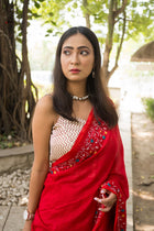 Red Garden On The Needle Embroidered Cotton Saree - Uttariya