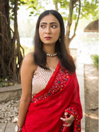 Red Garden On The Needle Embroidered Cotton Saree - Uttariya