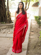 Red Garden On The Needle Embroidered Cotton Saree - Uttariya