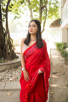 Red Garden On The Needle Embroidered Cotton Saree - Uttariya