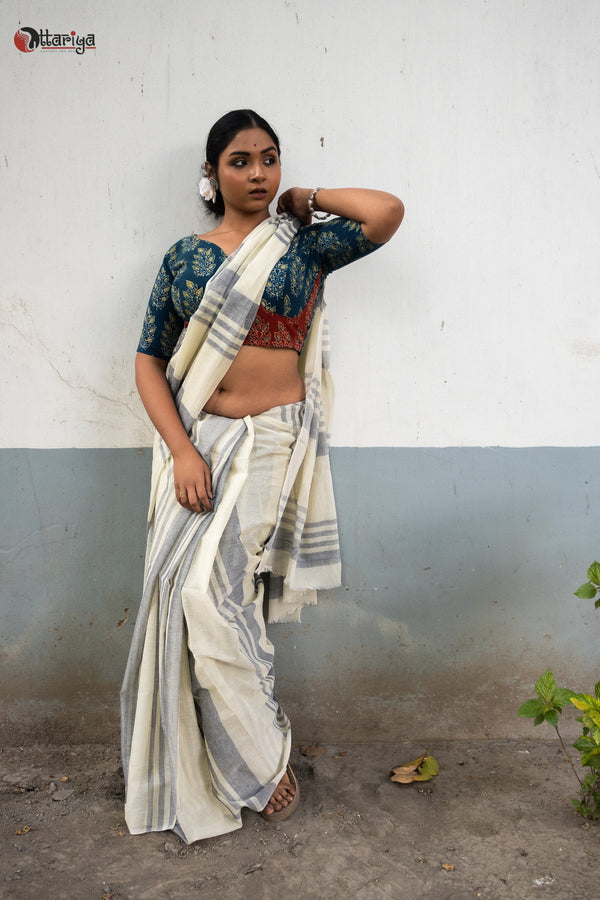 Pure Organic cotton Stripe Saree - Uttariya