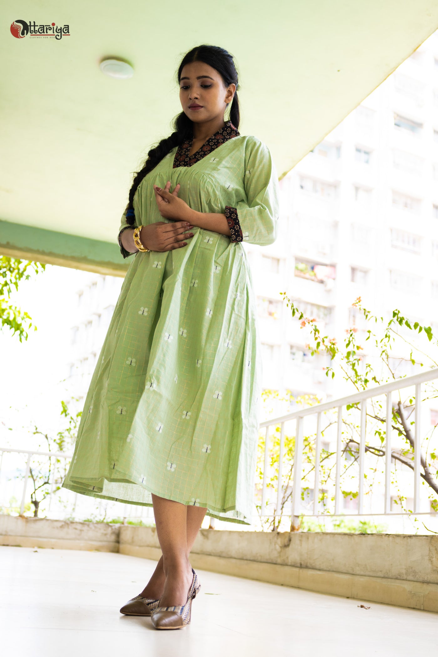 The Sustainable Fern Green Cotton Dress - Uttariya