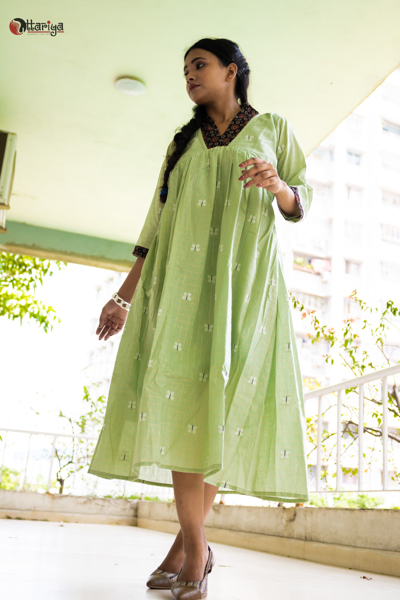 The Sustainable Fern Green Cotton Dress - Uttariya