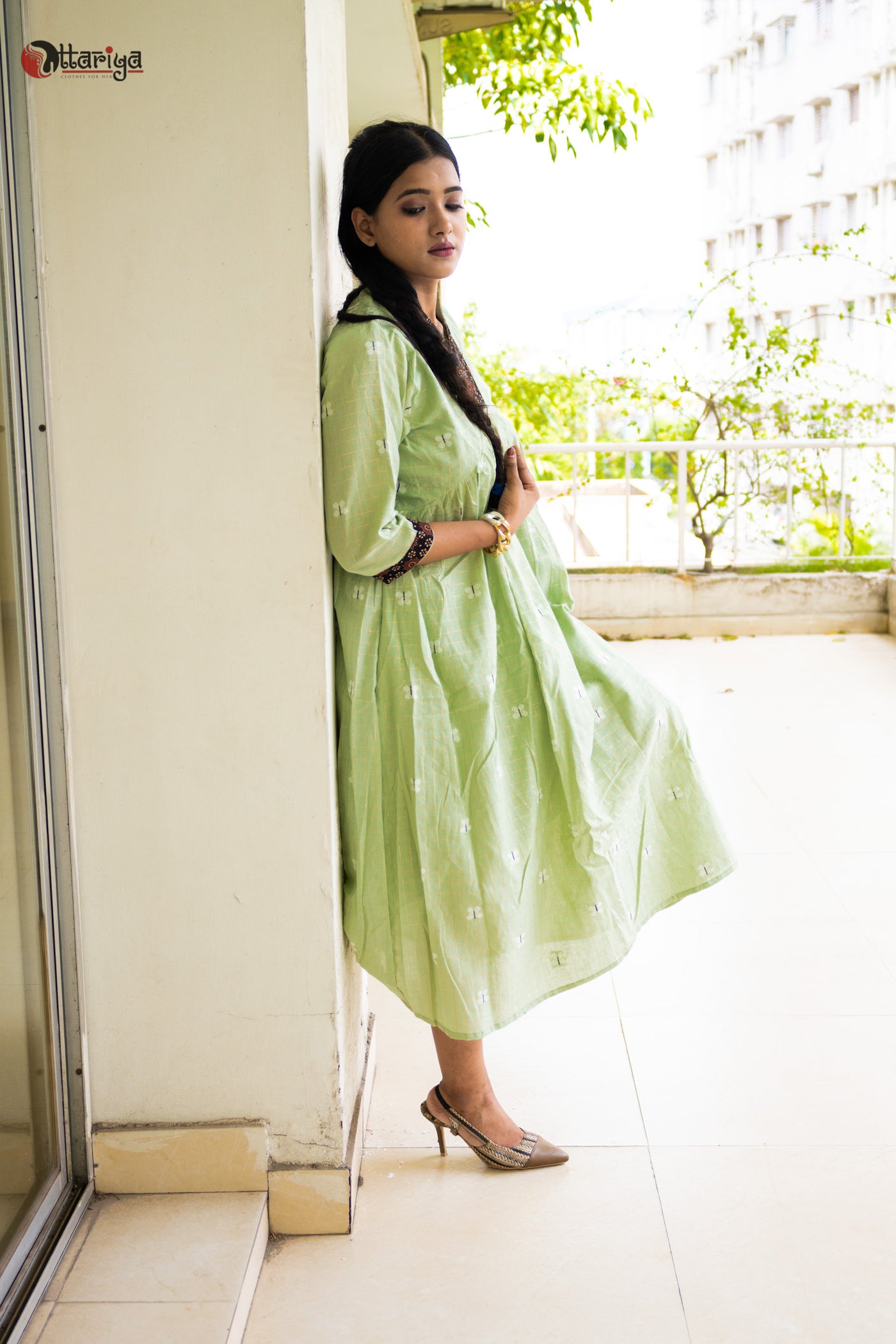 The Sustainable Fern Green Cotton Dress - Uttariya