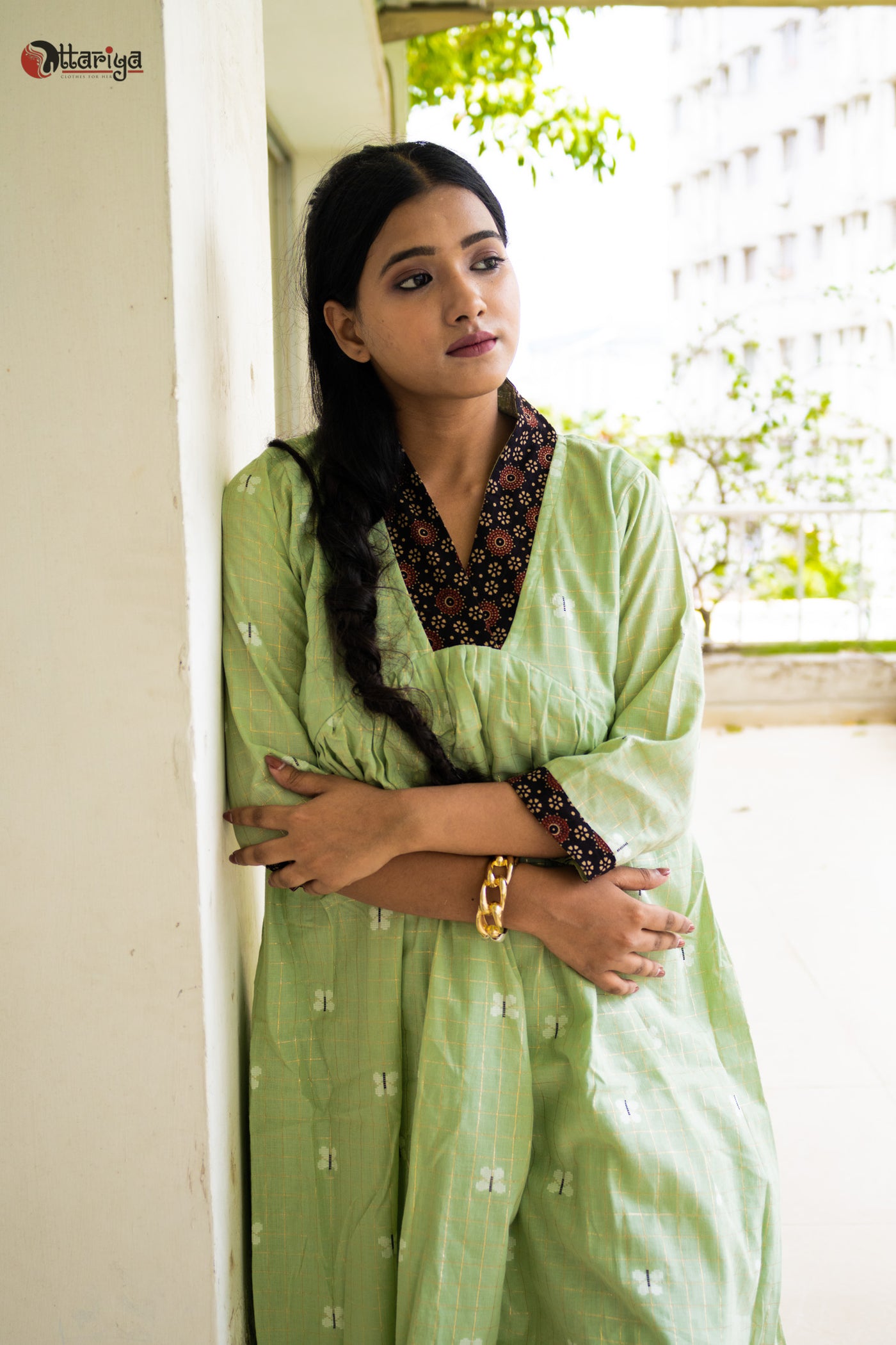 The Sustainable Fern Green Cotton Dress - Uttariya