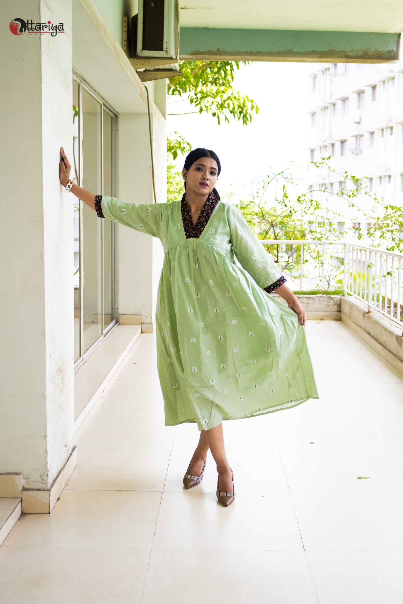 The Sustainable Fern Green Cotton Dress - Uttariya