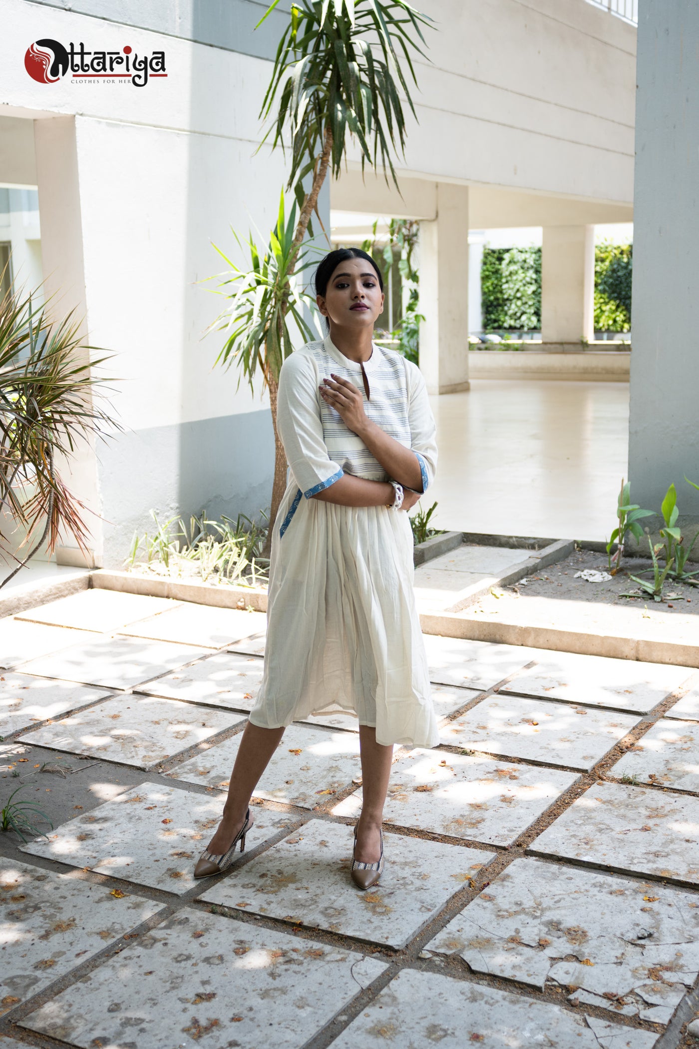 Swan White Grace Embroidered Cotton Dress - Uttariya