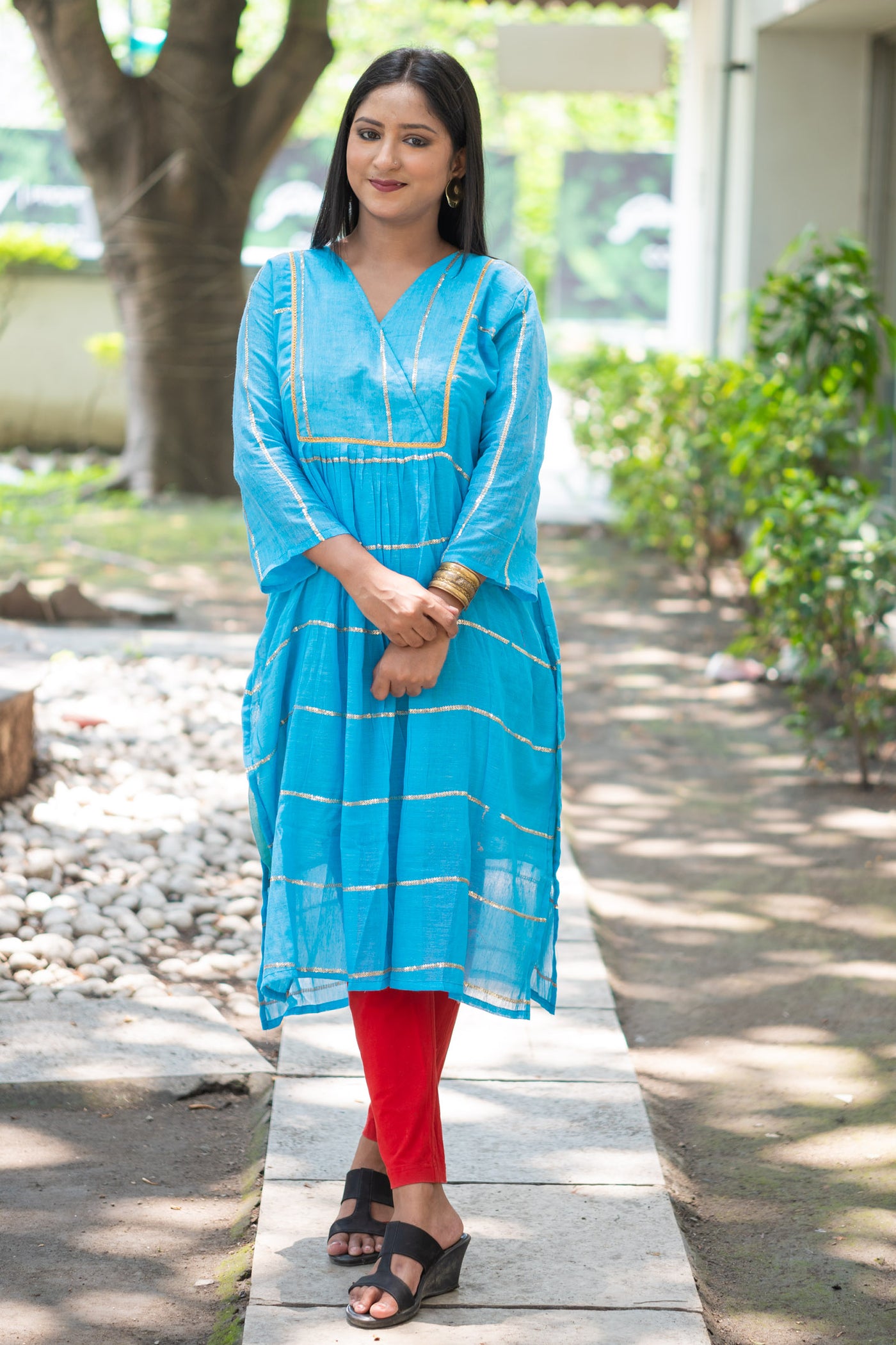 Azure Blue Sequence Cotton Kurta - Uttariya