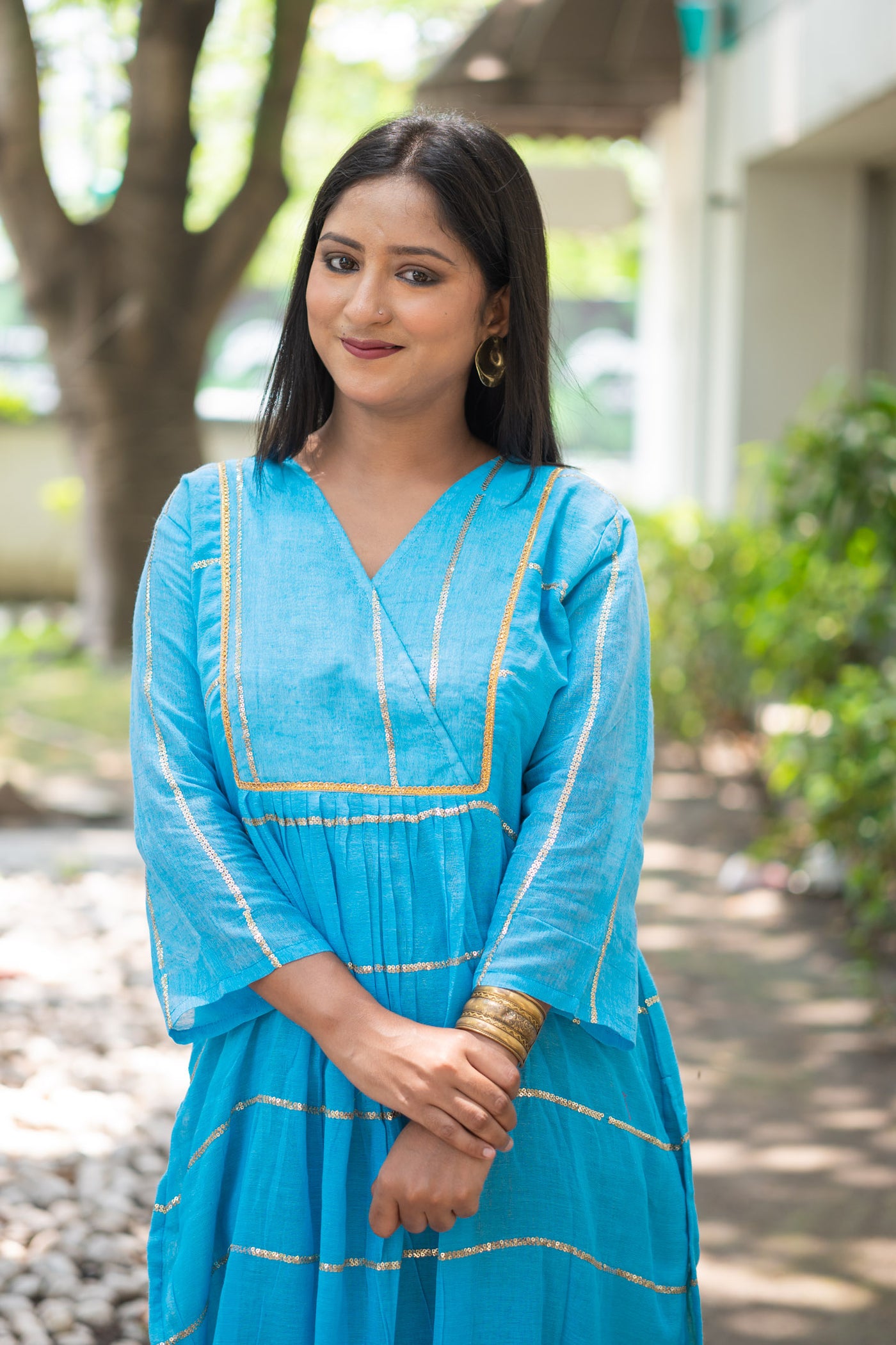 Azure Blue Sequence Cotton Kurta - Uttariya