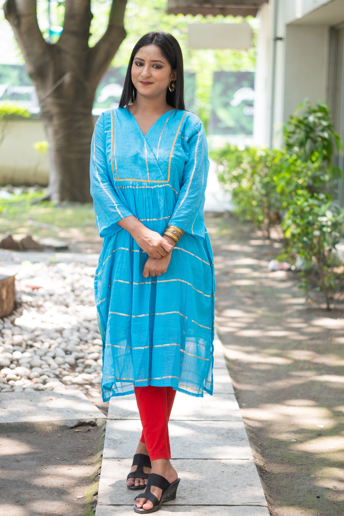 Azure Blue Sequence Cotton Kurta - Uttariya