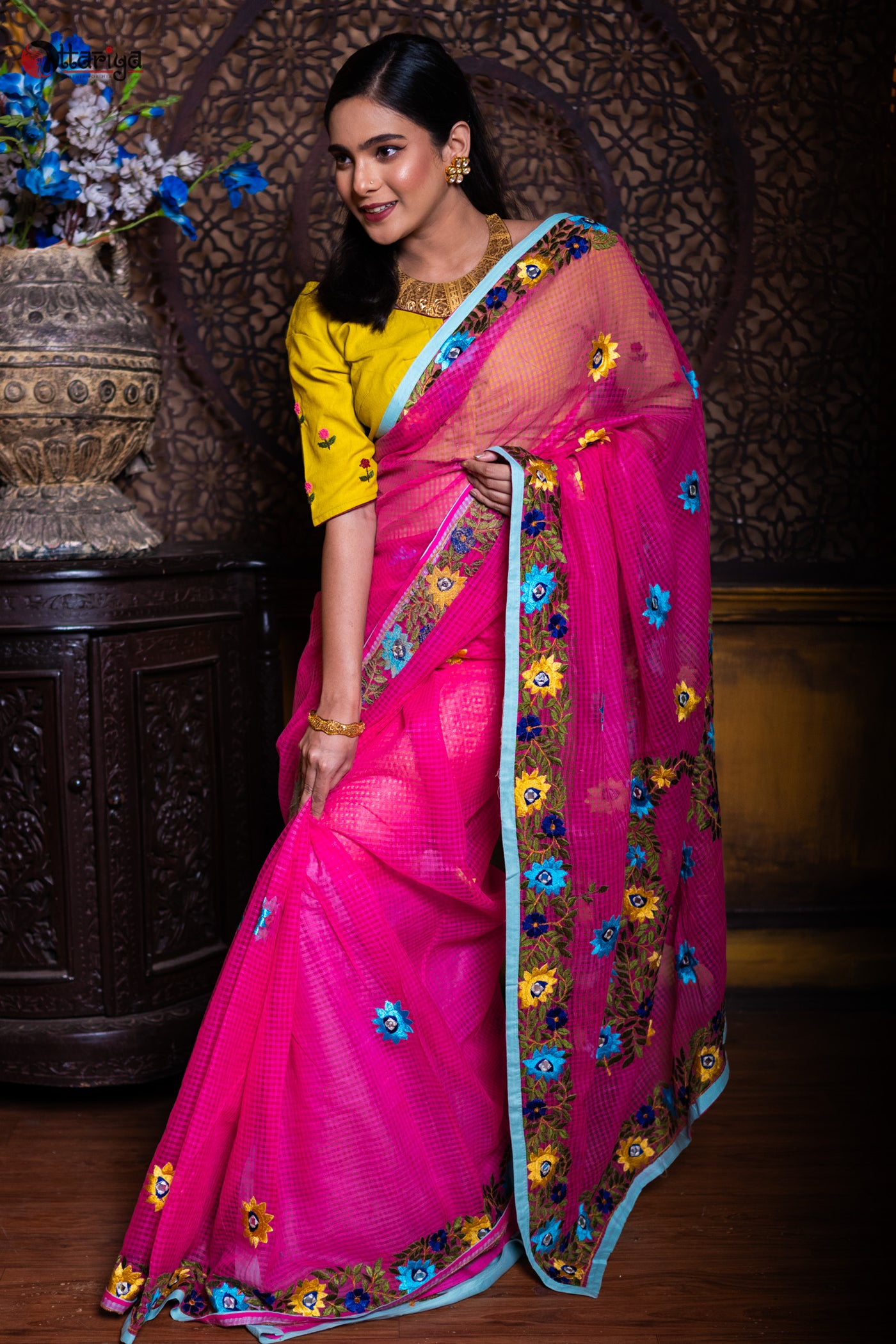 Pink Rani Pasmina Saree - Uttariya