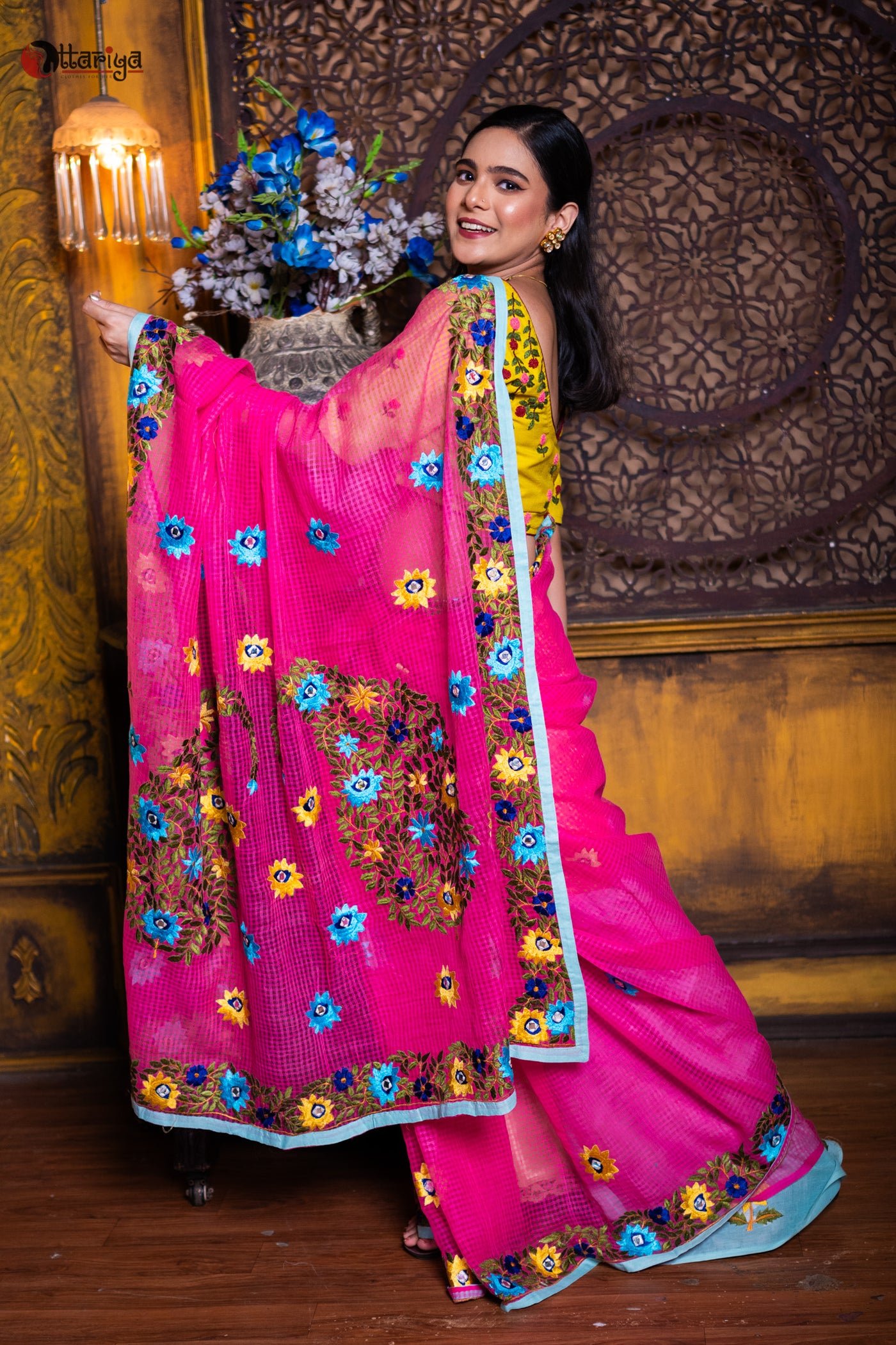 Pink Rani Pasmina Saree - Uttariya