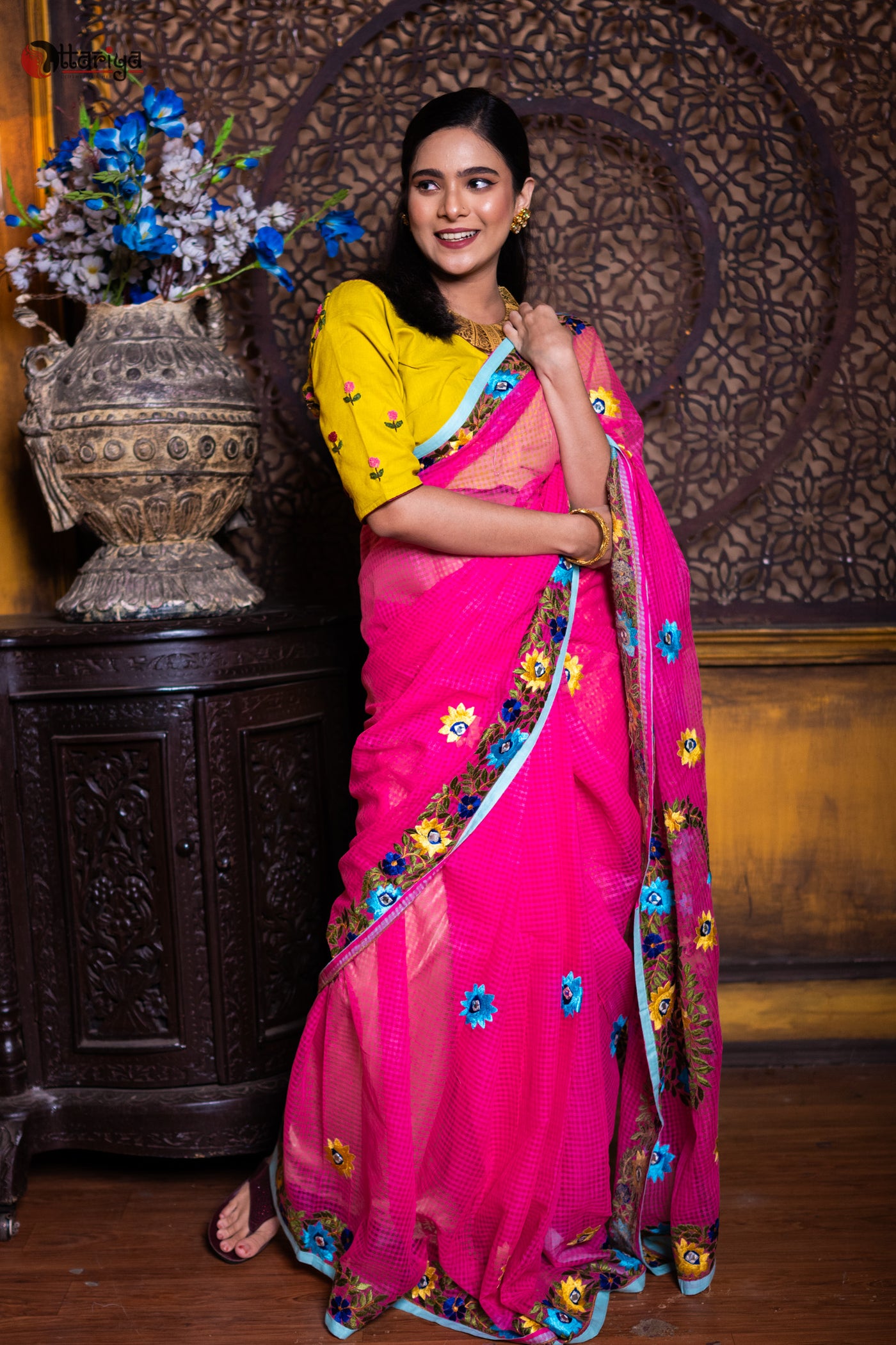 Pink Rani Pasmina Saree - Uttariya