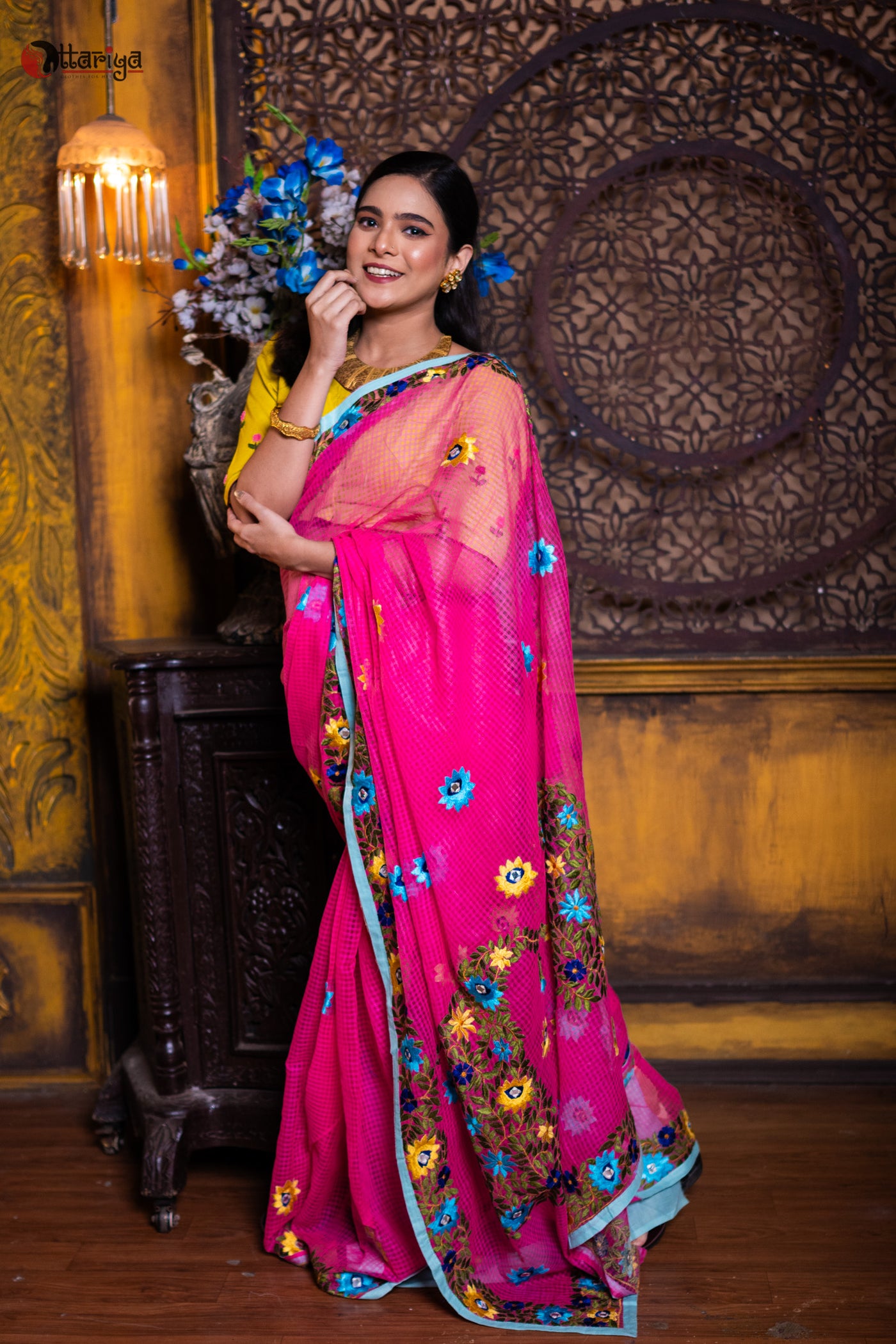 Pink Rani Pasmina Saree - Uttariya