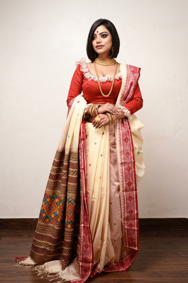 Pure Handwoven Handloom Cotton White Swapner Dongria Saree