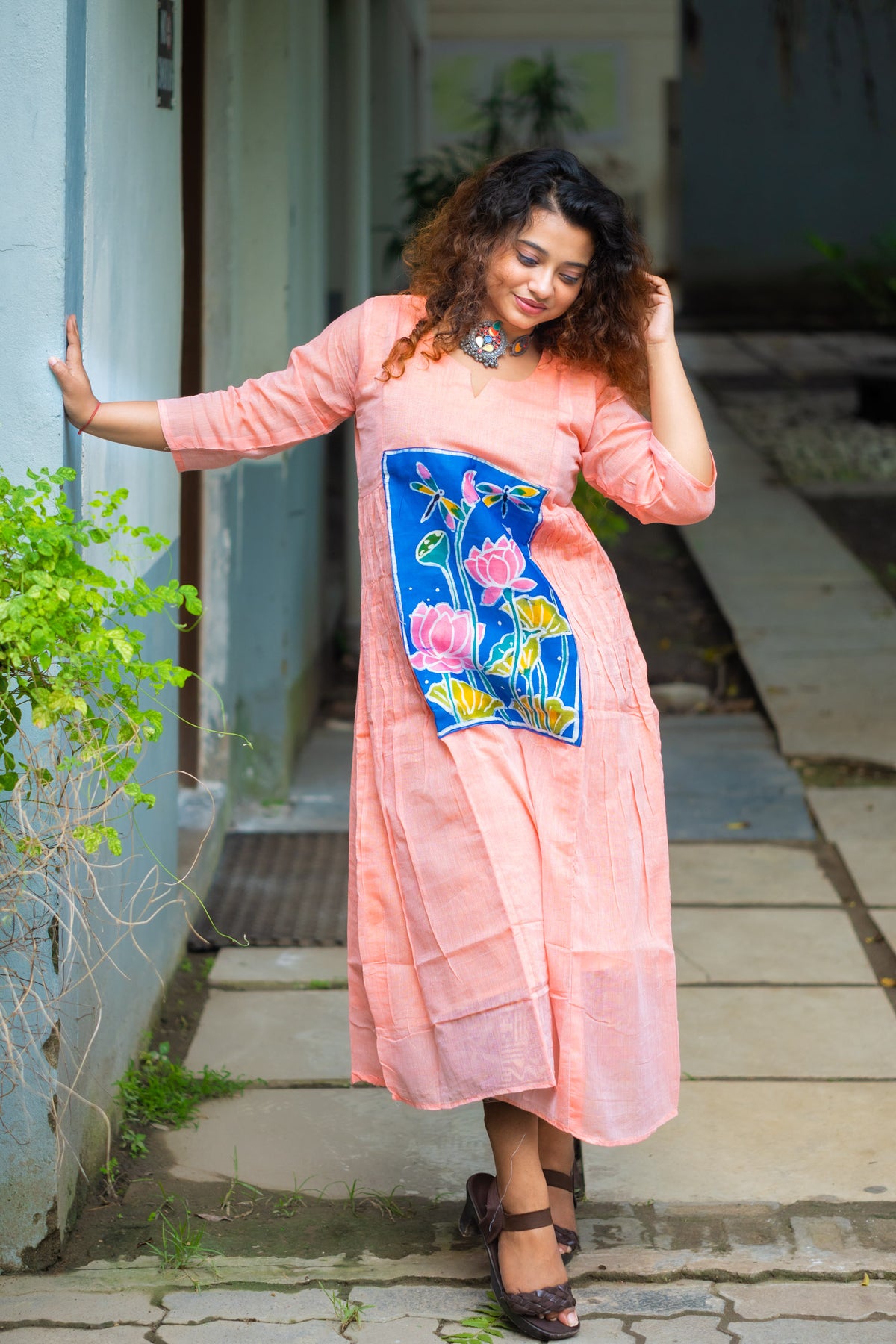 French Knot Lotus Patch Peach Dress