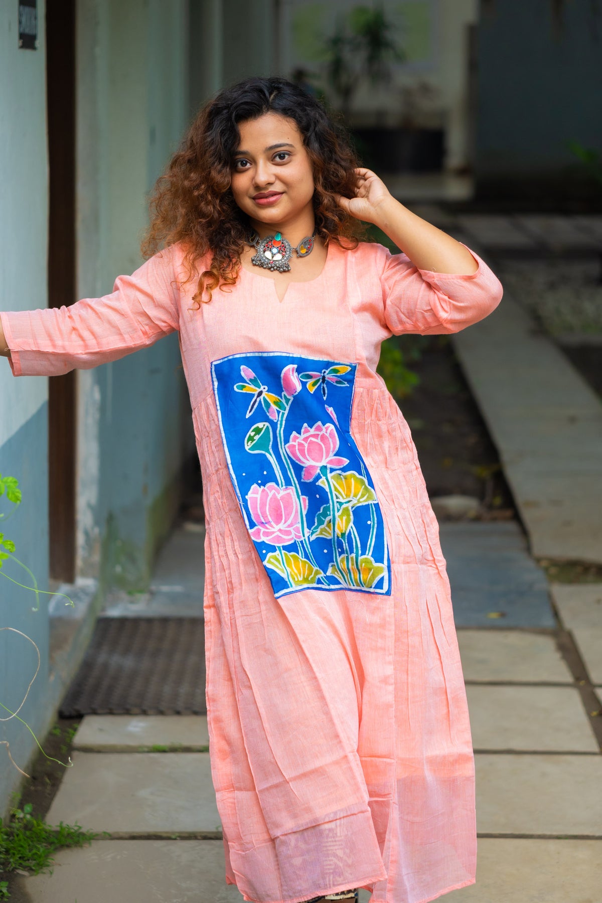 French Knot Lotus Patch Peach Dress