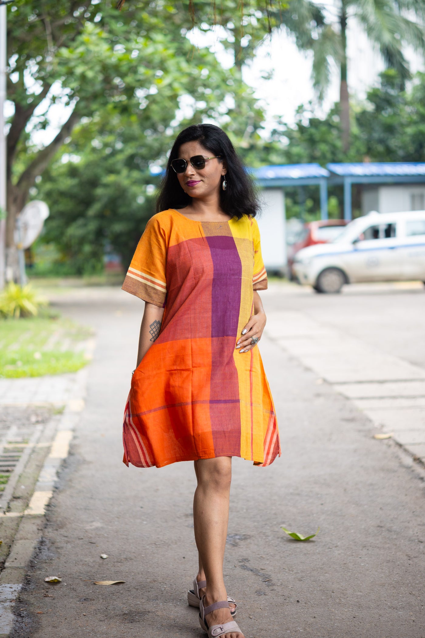 Utsob Gamcha Weave Color-Block Shift Dress