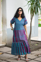 Gamcha Handloom Tiered Maxi Dress — Teal Magenta Check