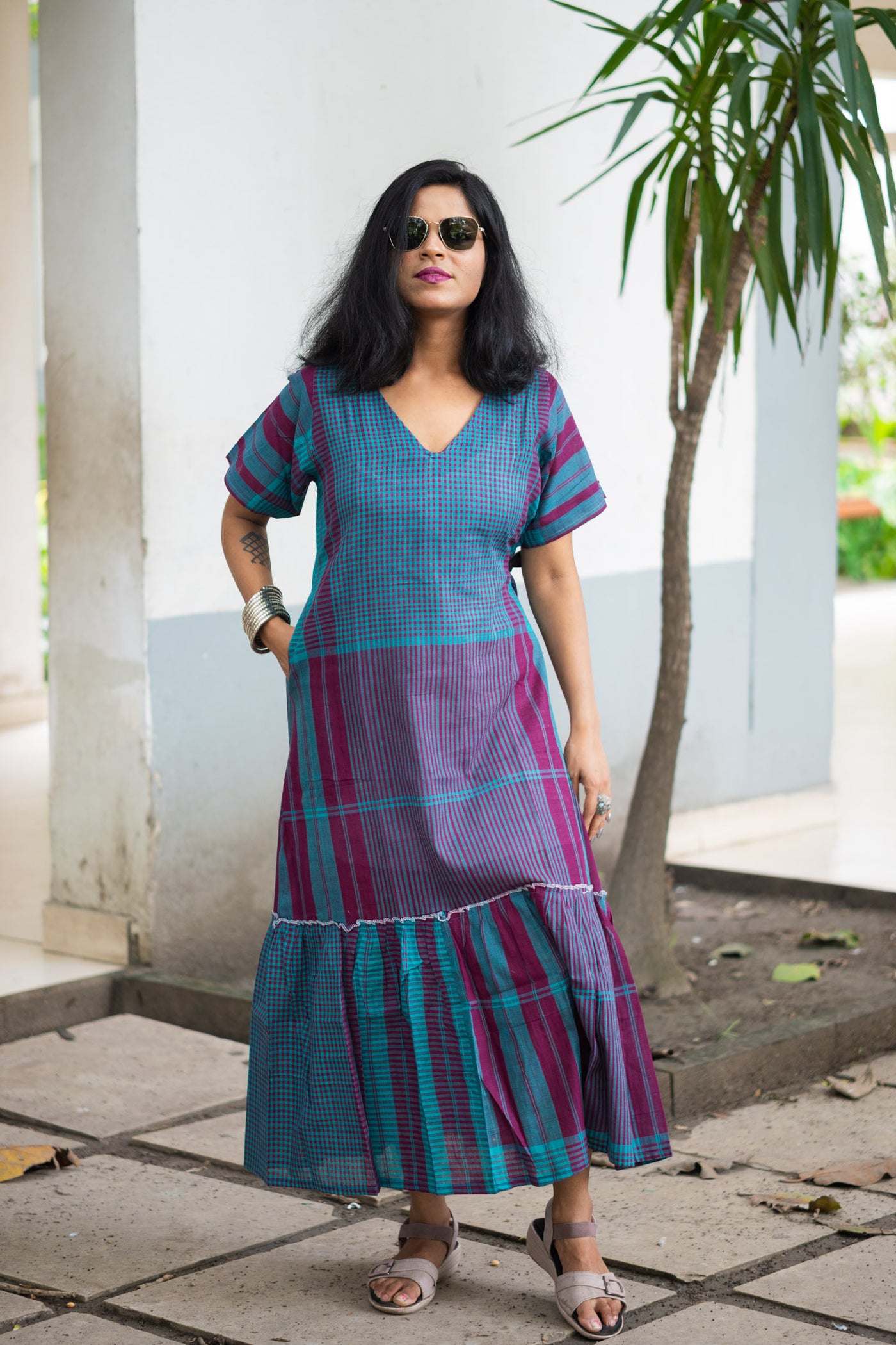 Gamcha Handloom Tiered Maxi Dress — Teal Magenta Check