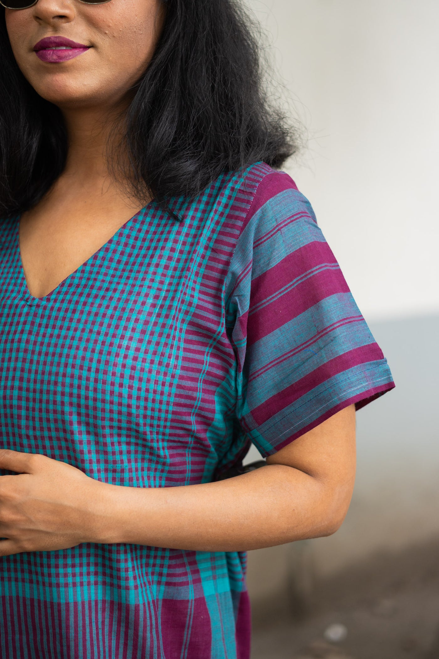 Gamcha Handloom Tiered Maxi Dress — Teal Magenta Check