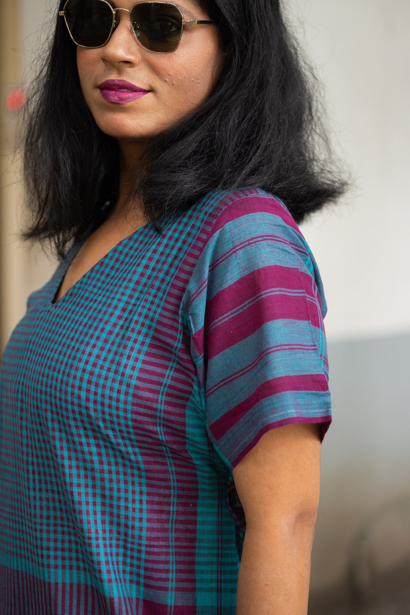 Gamcha Handloom Tiered Maxi Dress — Teal Magenta Check