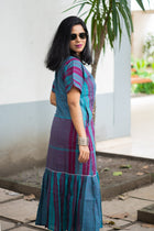 Gamcha Handloom Tiered Maxi Dress — Teal Magenta Check