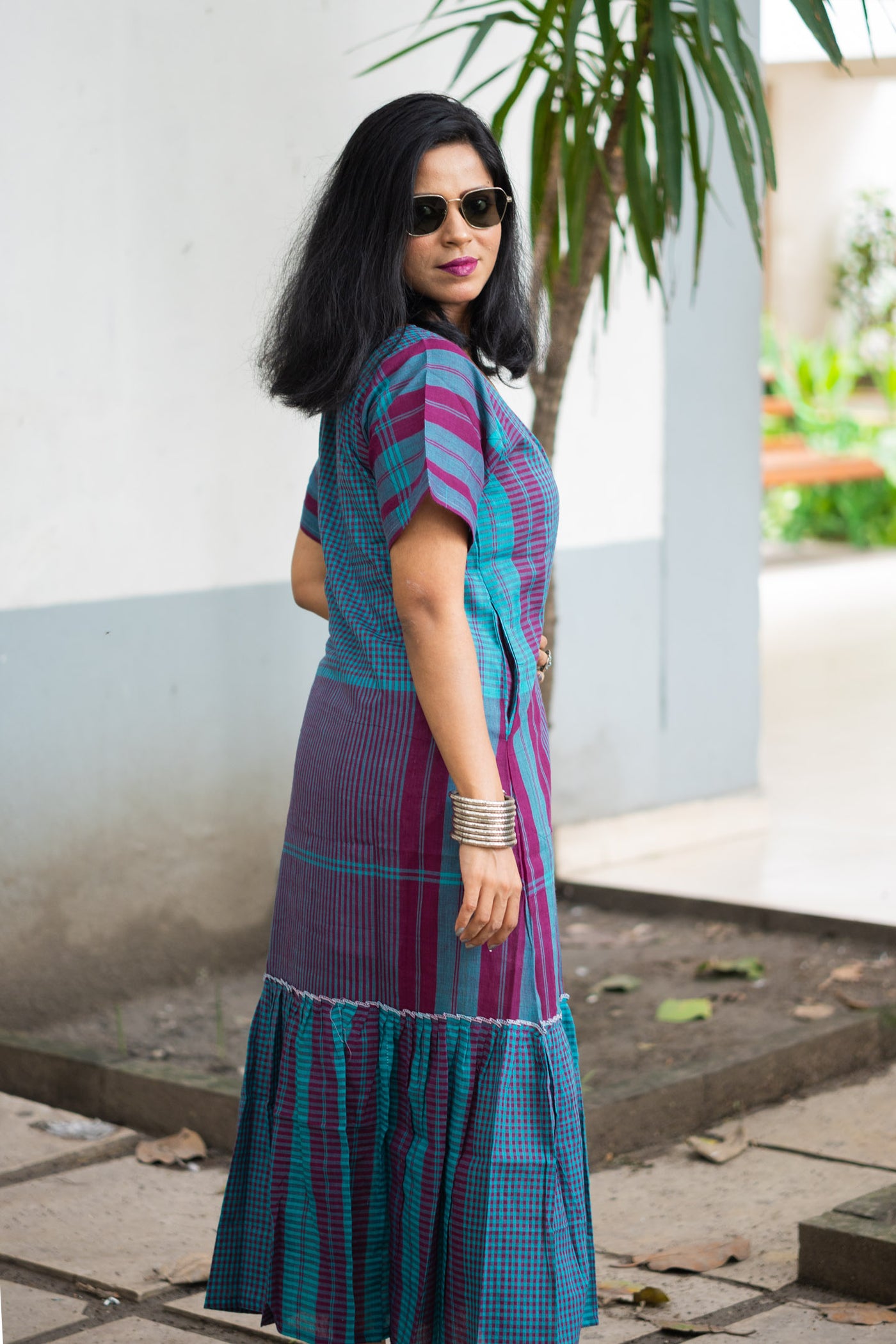 Gamcha Handloom Tiered Maxi Dress — Teal Magenta Check